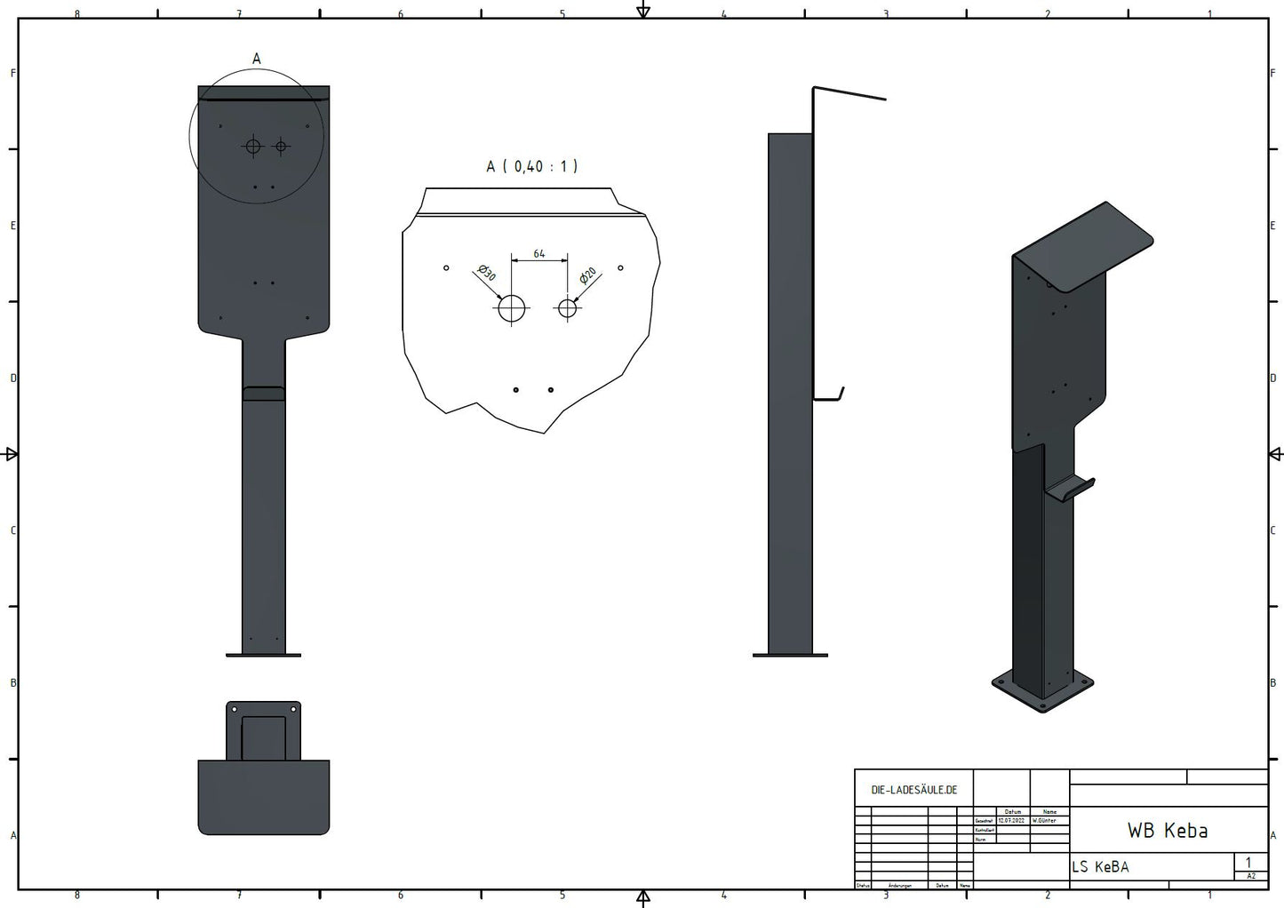 Ladesäule passend für KEBA P20, P30 Wallbox mit Dach | Ständer | Standfuß | Stele